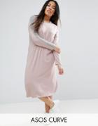 Asos Curve Bodycon Midi Dress With Stripe Sleeve Detail - Pink