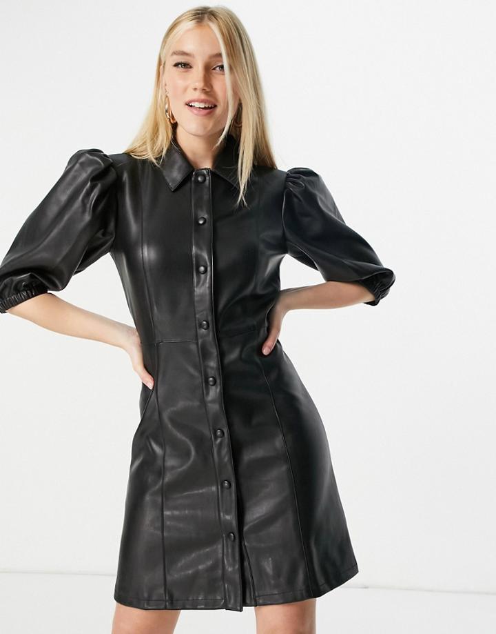 Lipsy Puff Sleeve Leather-look Mini Dress In Black