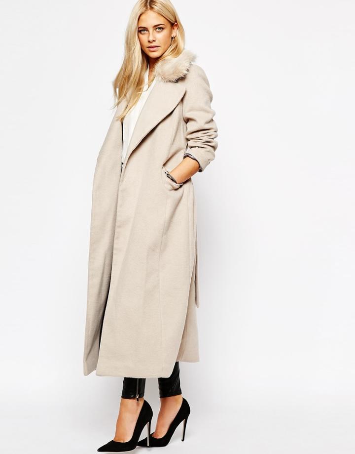 Oasis Formal Duster Coat With Fur Collar - Mink