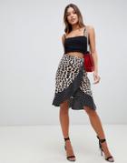 Prettylittlething Ruffle Hem Wrap Skirt In Mixed Polka And Leopard - Multi
