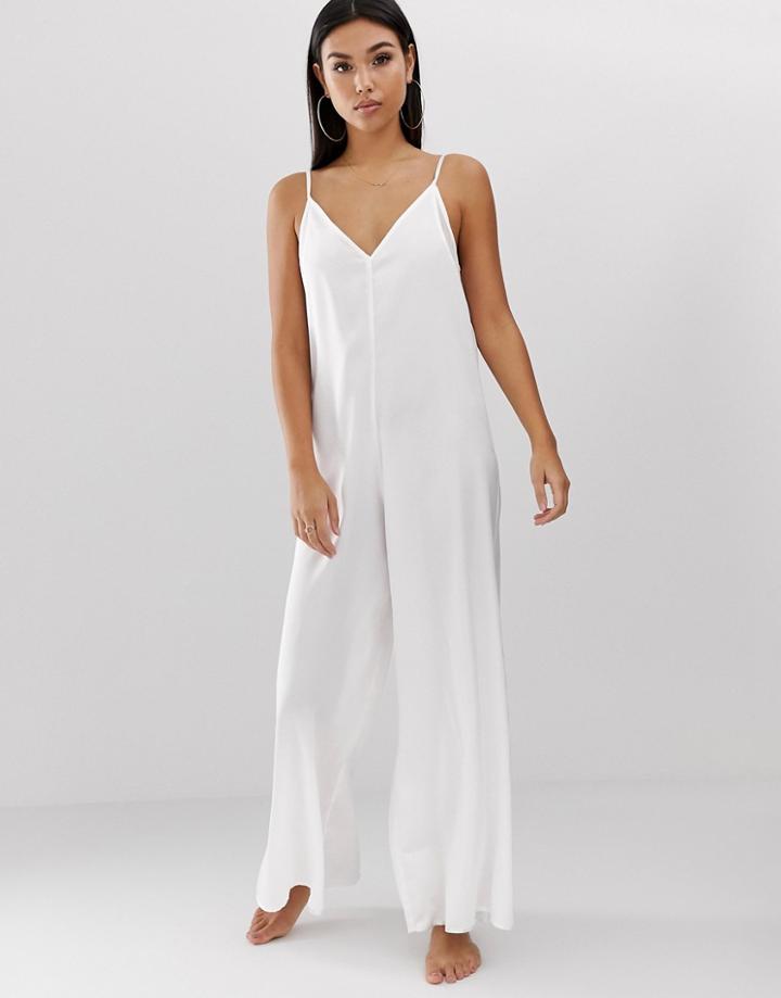 Asos Design Mesh Insert Satin Jumpsuit - White