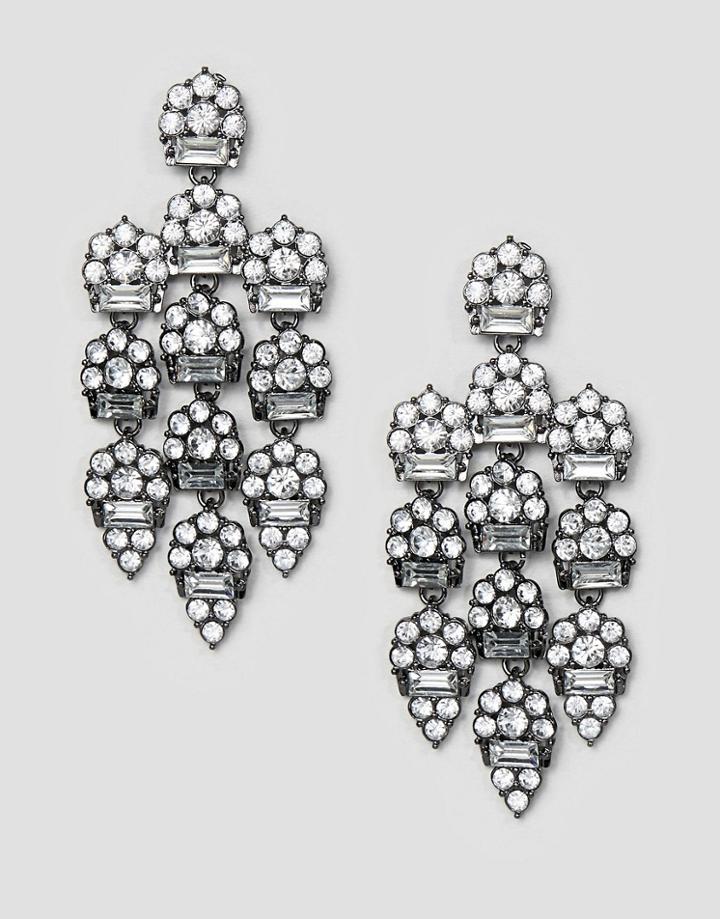 Asos Design Earrings In Luxe Crystal Design In Gunmetal - Silver