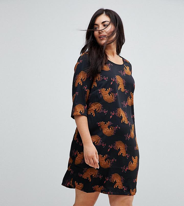 Junarose Leopard Placement Print Shift Dress With 3/4 Sleeve - Multi