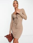 Trendyol Tie Front Long Sleeve Mini Dress In Camel-brown