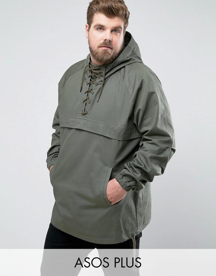 Asos Plus Lace Up Overhead Jacket In Khaki - Green
