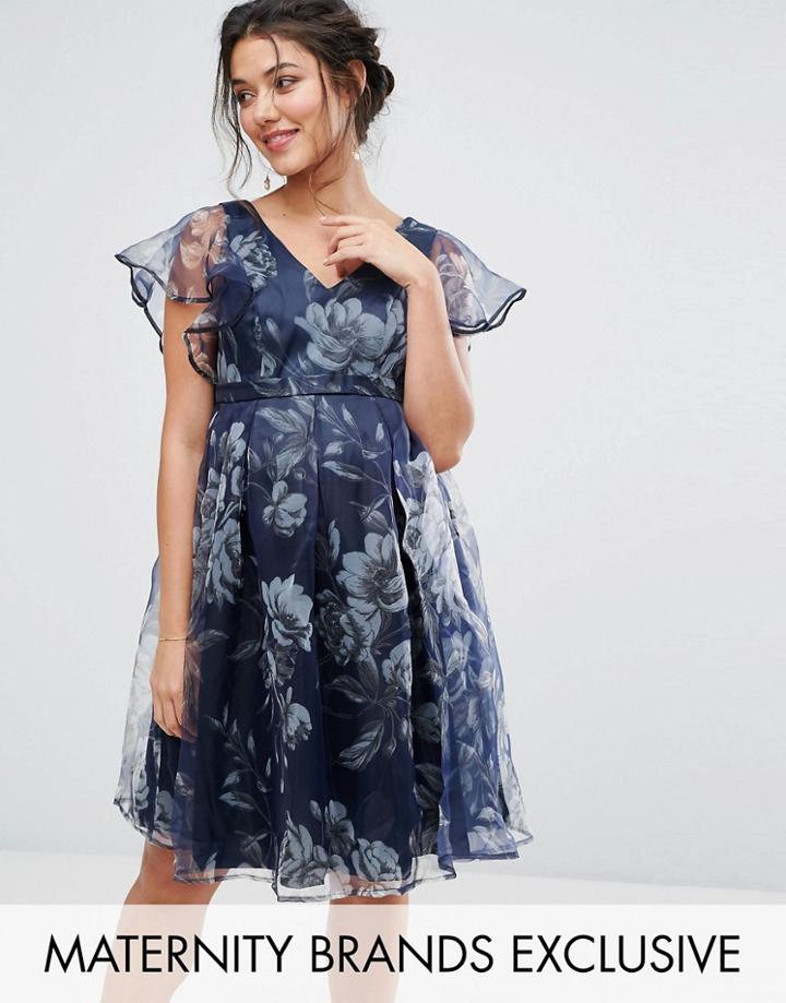 Chi Chi London Maternity Floral Dress With Ruffle Sleeve - Navy