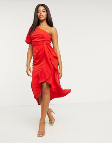 Lipsy One Shoulder Ruffle Wrap Midi Dress In Red