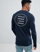 Asos Design Muscle Long Sleeve T-shirt In Navy With City Back Print - Navy