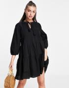 Vero Moda Organic Cotton Mini Tie Neck Smock Dress In Black