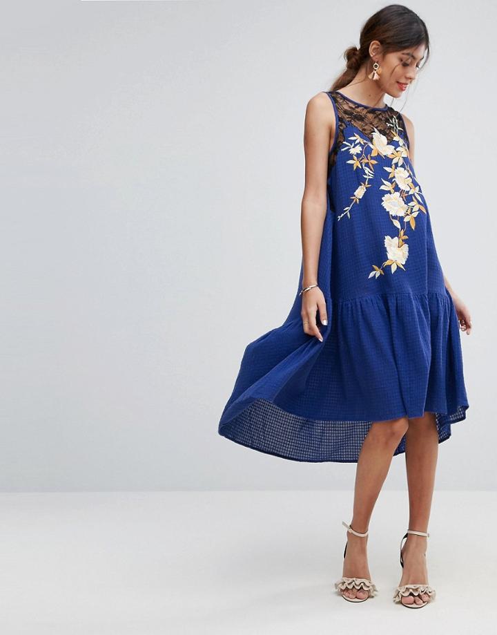Asos Premium Embroidered Casual Drop Waist Midi Dress - Blue
