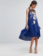 Asos Premium Embroidered Casual Drop Waist Midi Dress - Blue