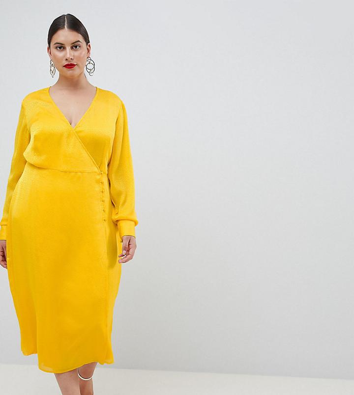 Asos Design Curve Button Through Dress In Jacquard - Yellow