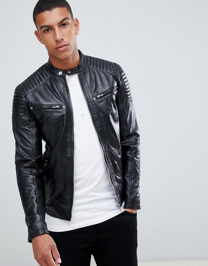 Solid Leather Biker Jacket - Black