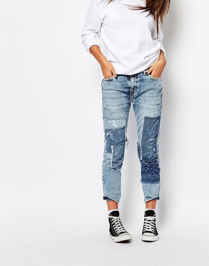 Pull & Bear Patchwork Slim Girlfriend Jeans - Blue