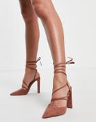 Asos Design Paisley Strappy Tie Leg High Heeled Shoes In Mocha-brown