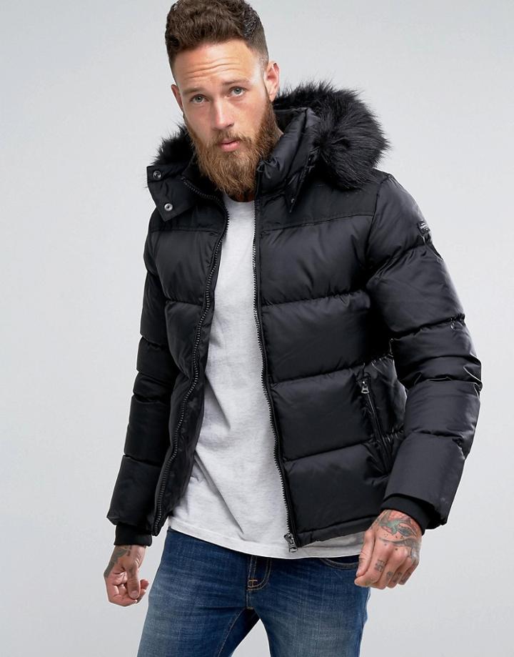 Schott Puffer Jacket Detachable Hood Faux Fur Trim Slim Fit In Black/black - Black