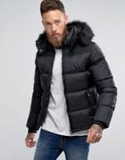 Schott Puffer Jacket Detachable Hood Faux Fur Trim Slim Fit In Black/black - Black