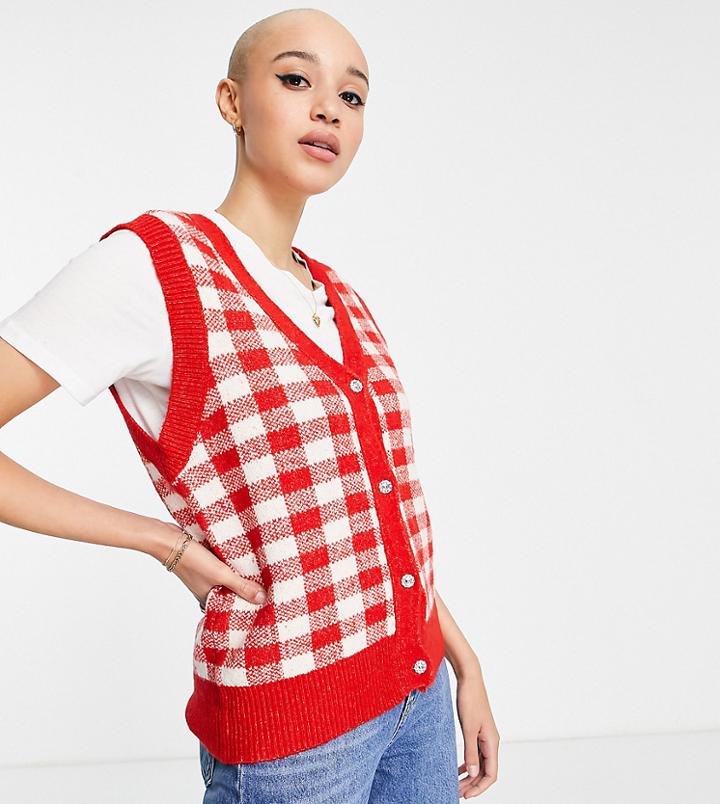 Pieces Exclusive Knitted Vest In Red Gingham-multi