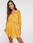 Asos Design Embroidered Yoke Crinkle Chiffon Mini Dress-yellow