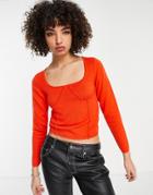 Asos Design Knit Top With Ruffle Seam Corset Detail In Orange