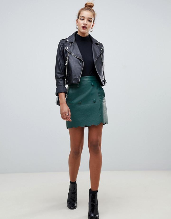Asos Design Leather Look Mini Skirt With Scallop Edge - Green