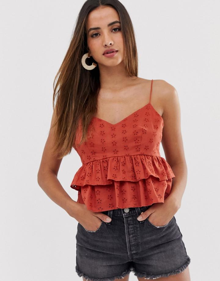Asos Design Crop Ruffle Cami In Broderie Sun Top-orange