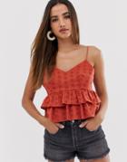 Asos Design Crop Ruffle Cami In Broderie Sun Top-orange