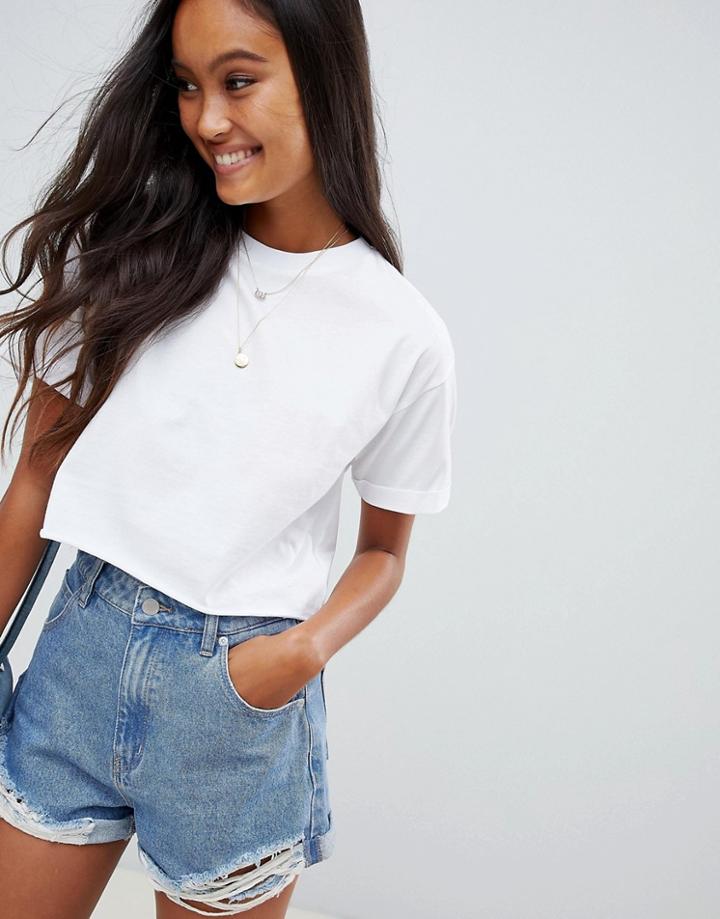 Asos Design Crop T-shirt With Roll Sleeve And Raw Hem In White - White