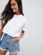 Asos Design Crop T-shirt With Roll Sleeve And Raw Hem In White - White