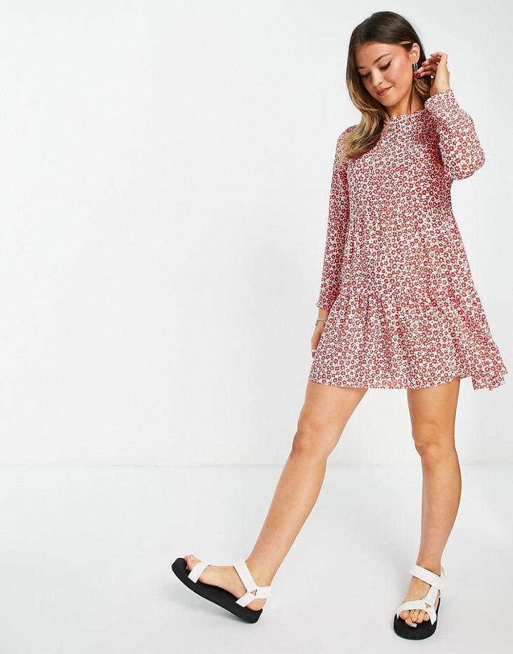 Asos Design Long Sleeve Tiered Smock Mini Dress In Red And White Floral Print-multi