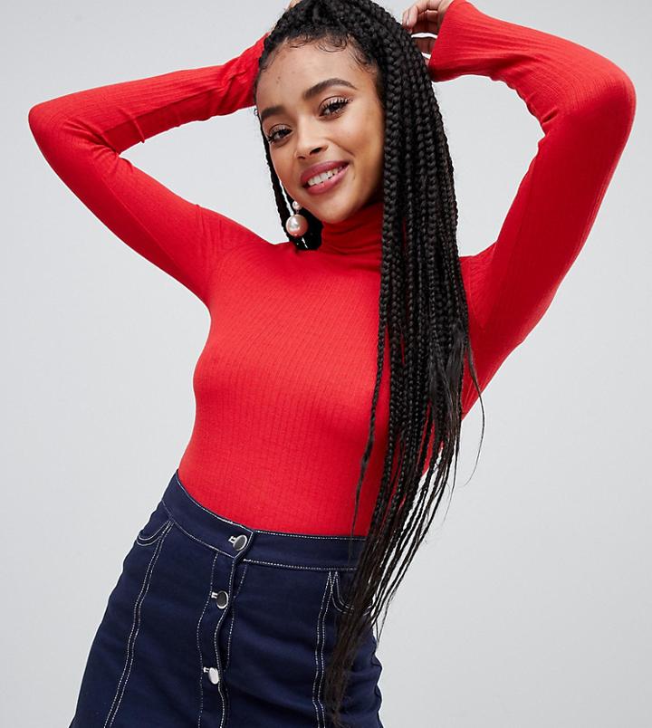 Monki Roll Neck Ribbed Jersey Top In Red - Red