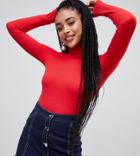 Monki Roll Neck Ribbed Jersey Top In Red - Red