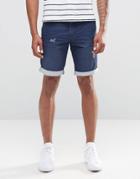 Celio Cotton Twill Short With Distressing And Contrast Turnup - Navy