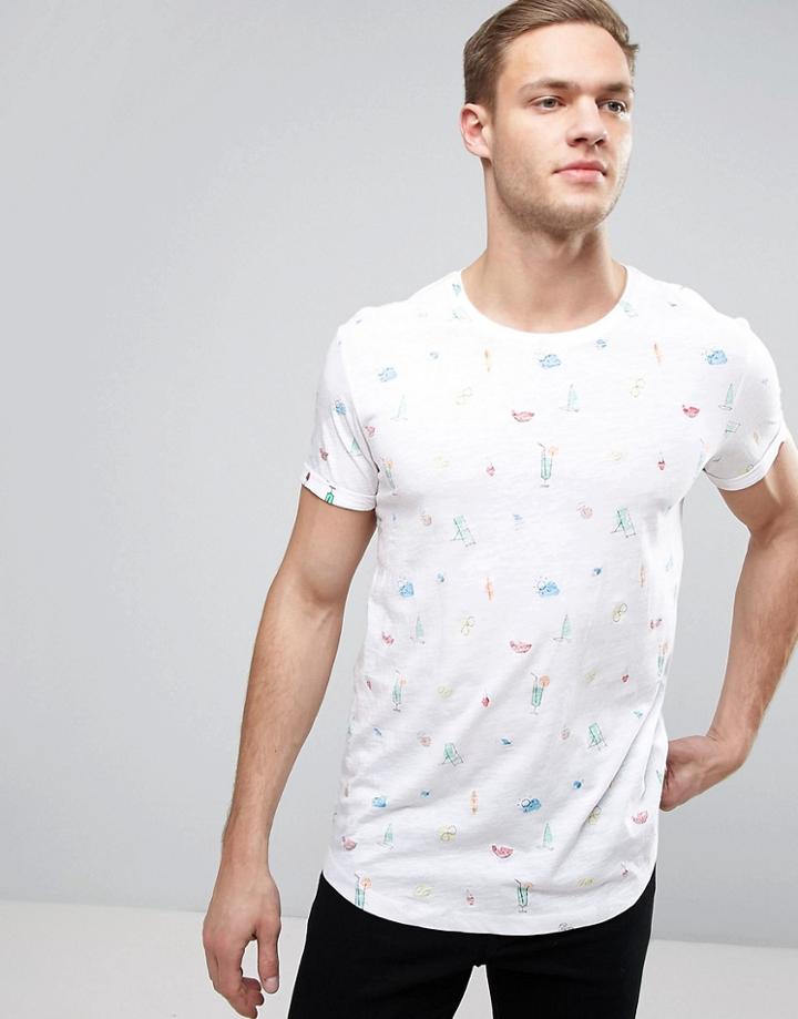 Esprit Crew Neck T-shirt With All Over Beach Print - White