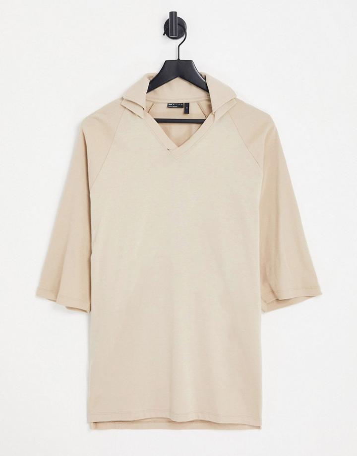 Asos Design Oversized Polo With Ribbed Sleeves And Pique Collar In Beige-neutral