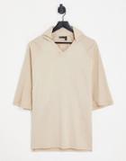 Asos Design Oversized Polo With Ribbed Sleeves And Pique Collar In Beige-neutral