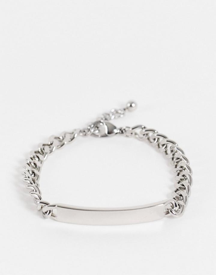Asos Design Stainless Steel Slim Chain Bracelet With Tab In Silver Tone