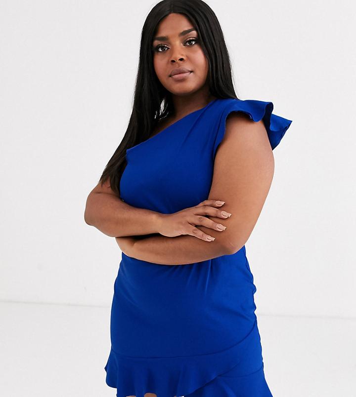 Vesper Curve One Shoulder Mini Dress With Flippy Hem In Cobalt