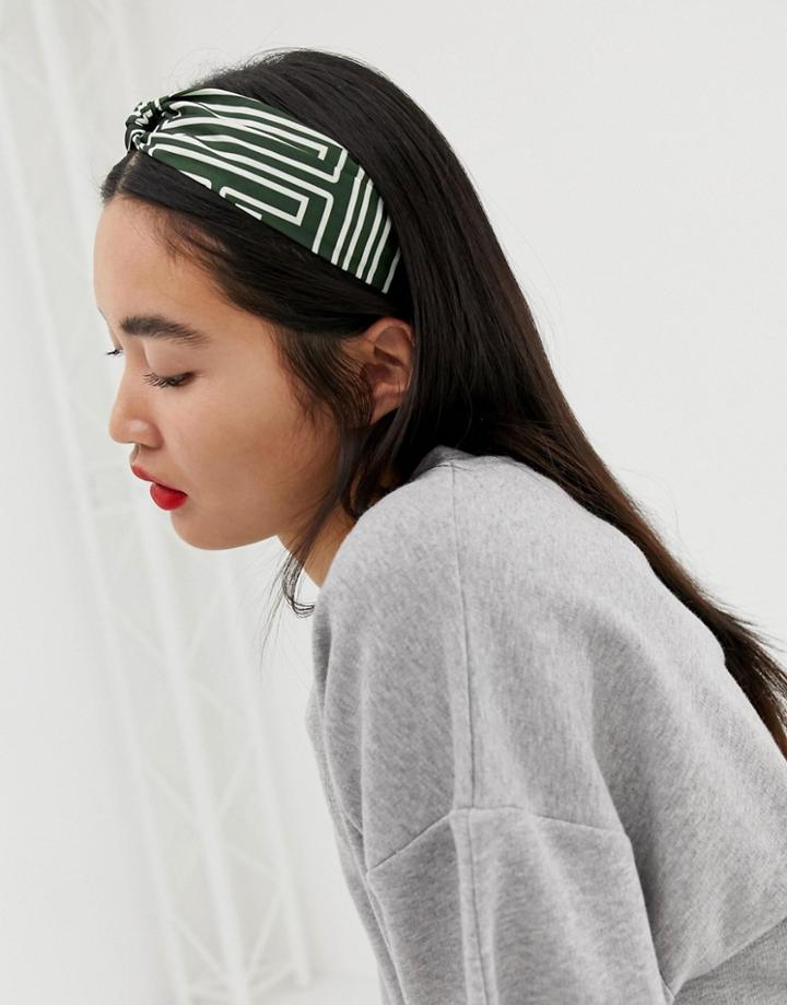 Asos Design Headband With Twist Front In Geo Monogram Print In Green - Green