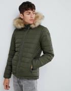 Schott Rocky 2 Hooded Puffer Bomber With Detachable Faux Fur Trim In Green
