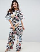 Asos Design Jumpsuit With Kimono Cape Detail And Wide Leg In Animal Floral Print - Multi