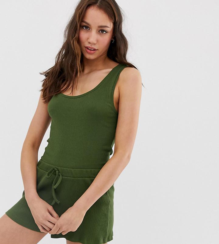 Asos Design Tall Mix & Match Lounge Ribbed Tank With Buttons - Green