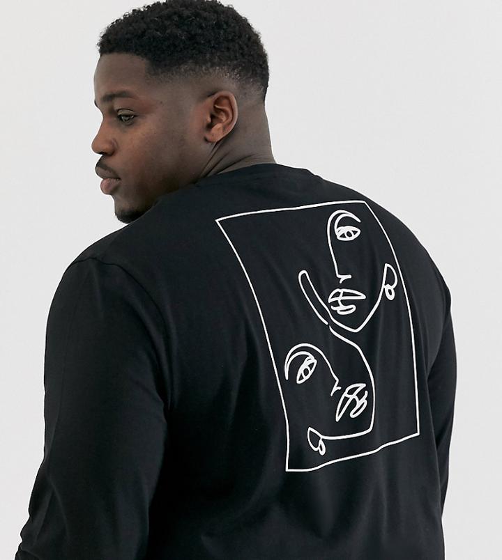 Asos Design Plus Long Sleeve T-shirt With Face Sketch Print - Black