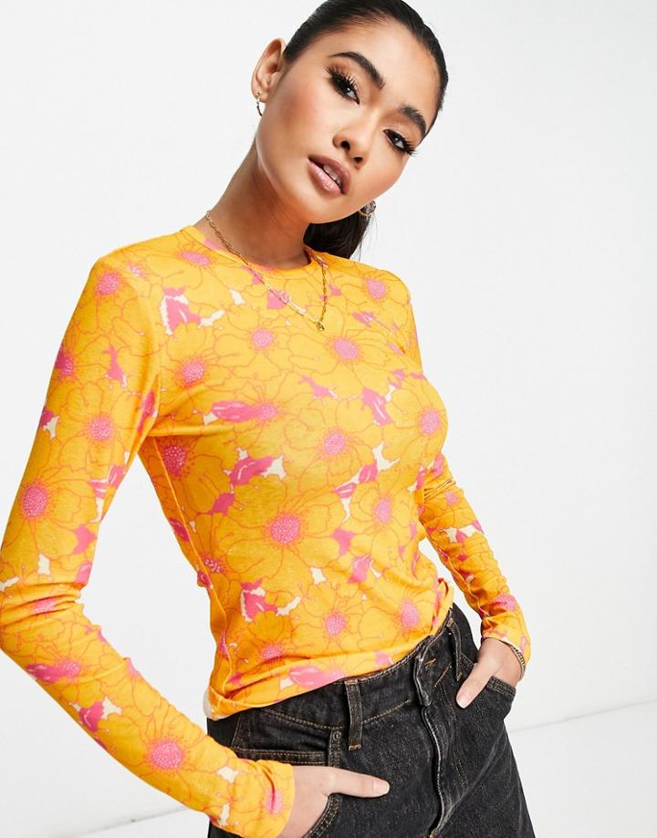 Topshop Floral Mesh Top In Orange