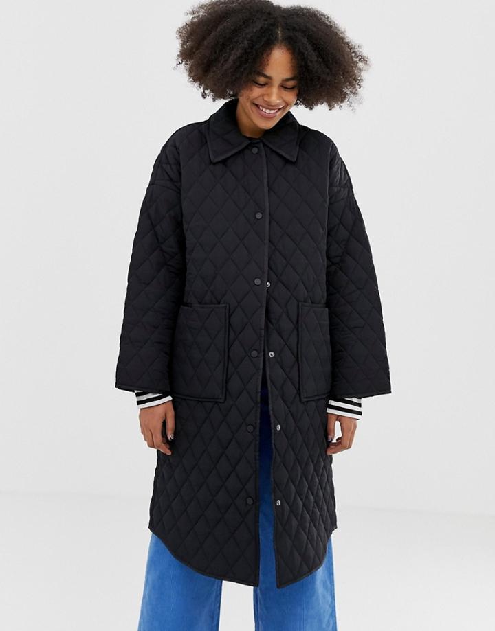Monki Quilted Long Line Jacket In Black - Black