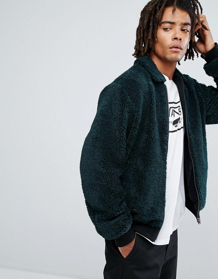 Asos Borg Bomber Jacket In Bottle Green - Green