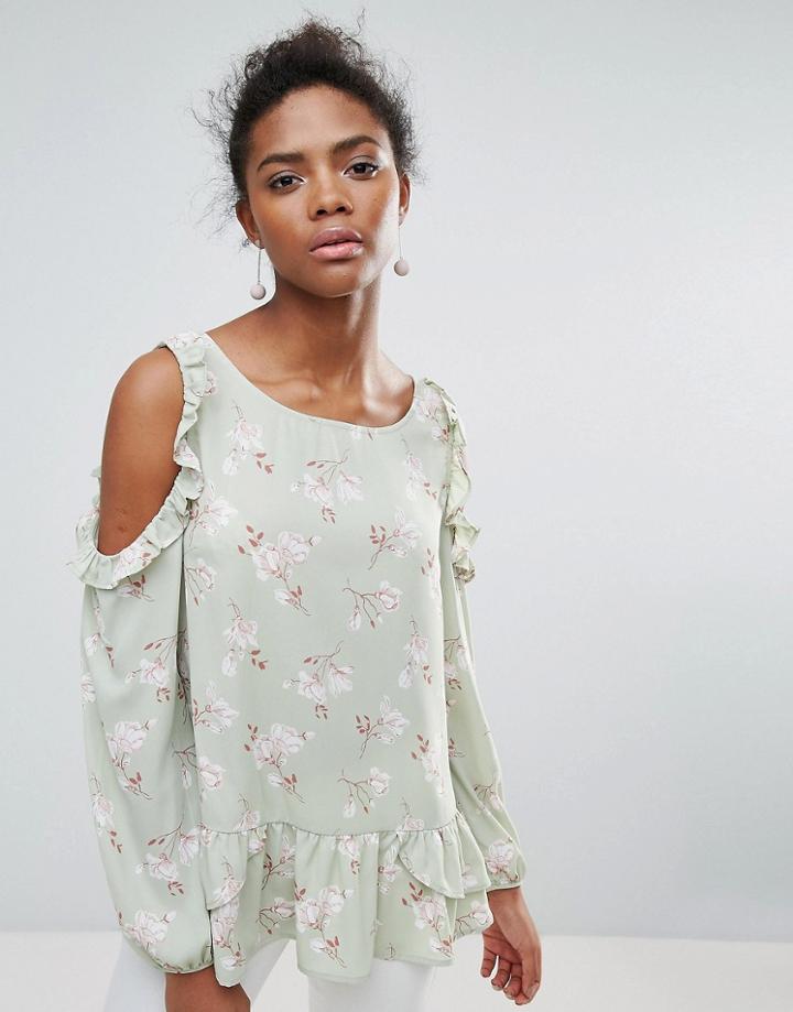 Crescent Ruffled Cold Shoulder Peasant Blouse - Green