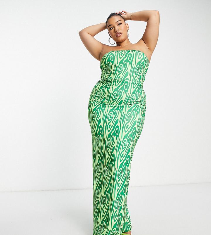 Public Desire Curve Double Layer Bandeau Maxi Dress In Green Swirl