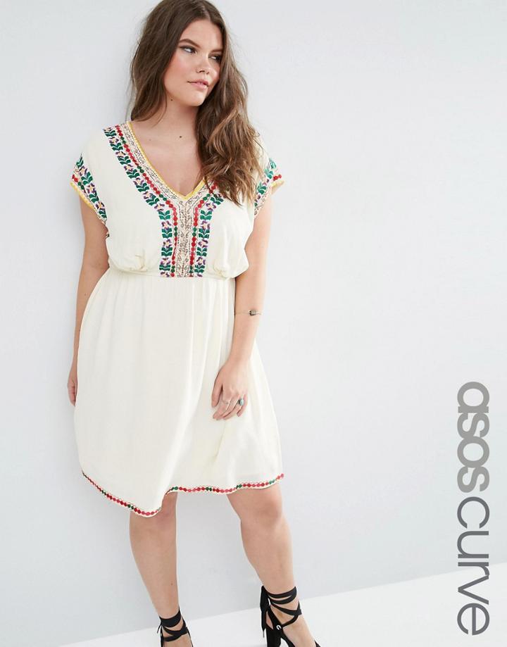 Asos Curve Skater Dress With Floral Border Embroidery - Cream