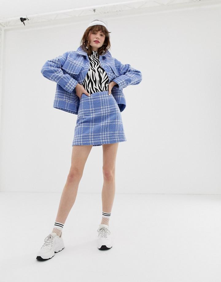 Monki Mini Boucle A-line Skirt With Check Print In Light Blue - Blue